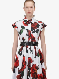 Discount Alexander McQueen Women's Tudor Rose Flared Shirt Dress in Optic White